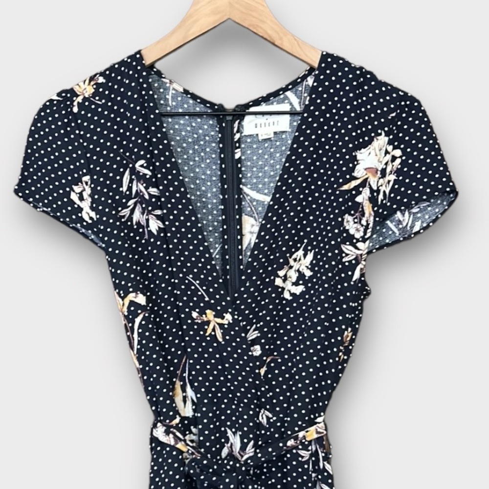 Lost + Wander Navy Blue Ruffle Front Floral Polka Dot Mini Dress Medium - Picture 7 of 12